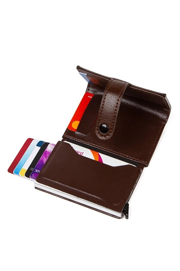 Newish Polo Deri Rfıd Koruyucu Alüminyum Otomatik Mekanizma Kartlık ve Cüzdan new068 - Kahverengi