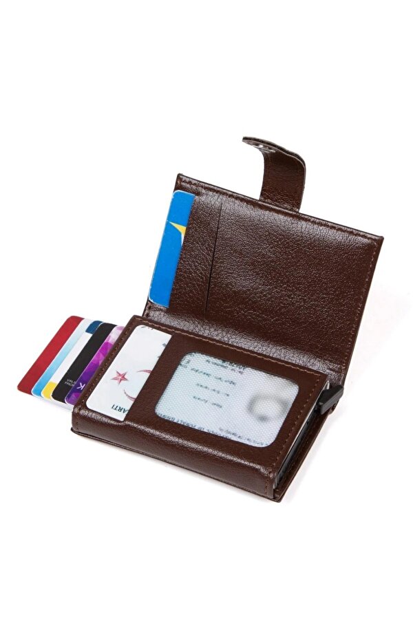 Newish Polo Deri Rfıd Koruyucu Alüminyum Otomatik Mekanizma Kartlık ve Cüzdan new068 - Kahverengi