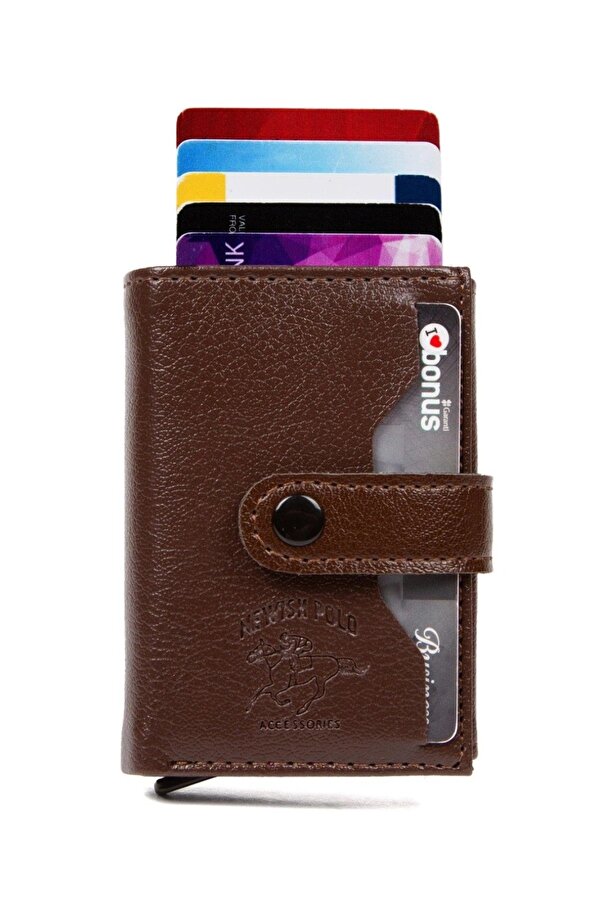 Newish Polo Deri Rfıd Koruyucu Alüminyum Otomatik Mekanizma Kartlık ve Cüzdan new068 - Kahverengi