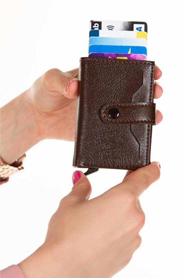 Newish Polo Deri Rfıd Koruyucu Alüminyum Otomatik Mekanizma Kartlık ve Cüzdan new068 - Kahverengi