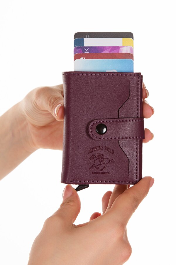 Newish Polo Deri Rfıd Koruyucu Alüminyum Otomatik Mekanizma Kartlık ve Cüzdan new068  - Mor