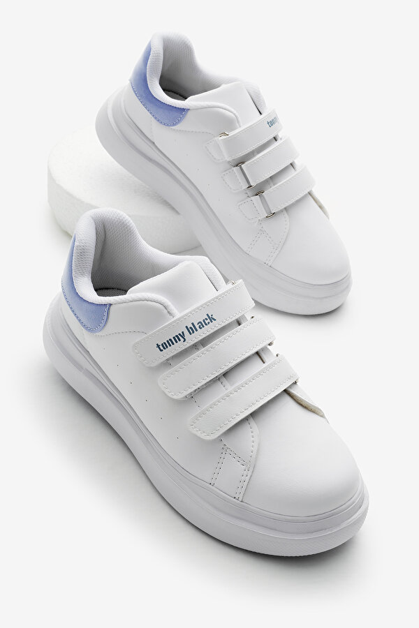 Tonny Black Çocuk Unisex Beyaz Mavi Eva Faylon Taban Üç Cırtlı Spor Ayakkabı