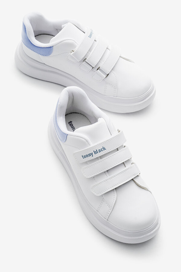 Tonny Black Çocuk Unisex Beyaz Mavi Eva Faylon Taban Üç Cırtlı Spor Ayakkabı