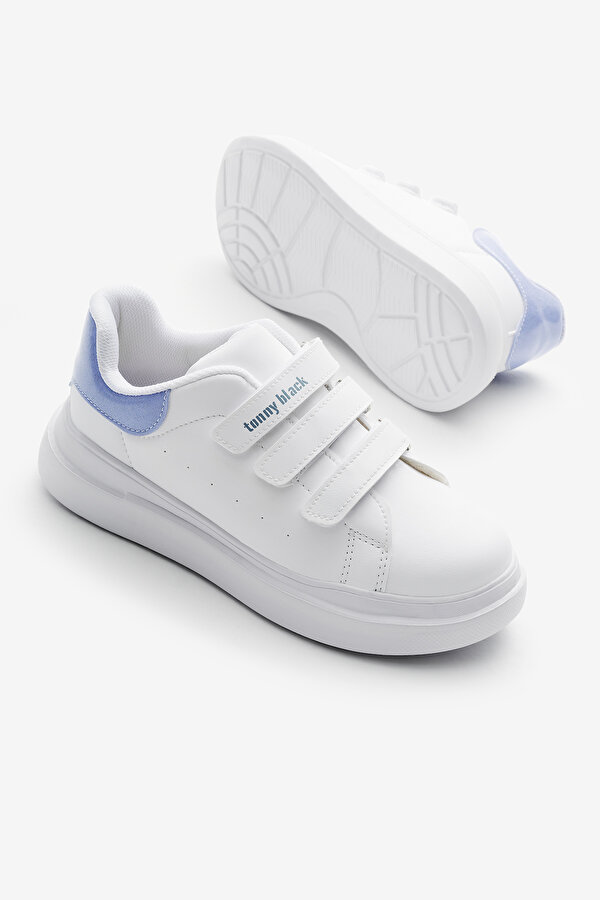 Tonny Black Çocuk Unisex Beyaz Mavi Eva Faylon Taban Üç Cırtlı Spor Ayakkabı