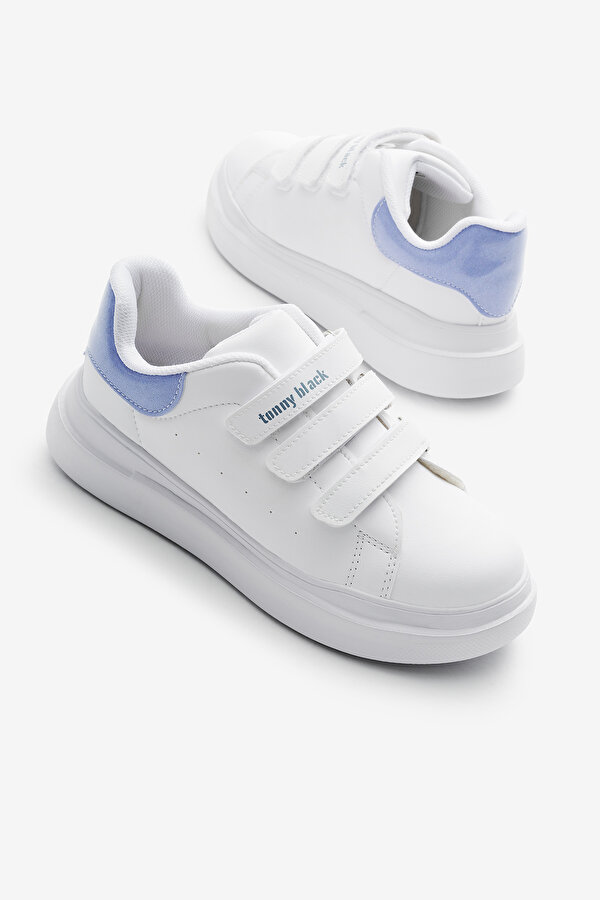 Tonny Black Çocuk Unisex Beyaz Mavi Eva Faylon Taban Üç Cırtlı Spor Ayakkabı