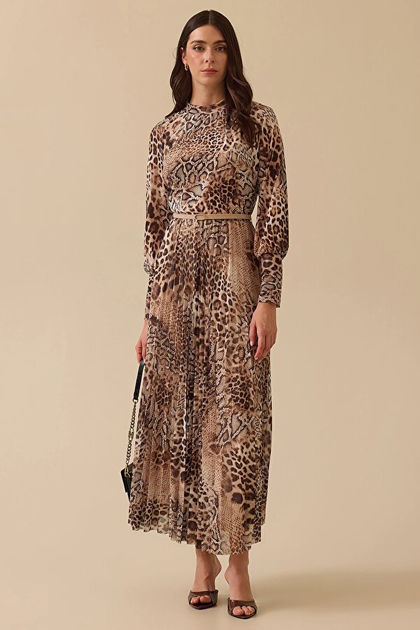 Seçil Kadın Leopar Desen Kemer Detaylı Maksi Elbise 0025 Camel