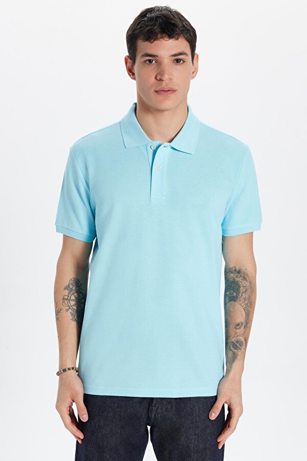 Tudors Erkek Slim Fit Dar Kesim %100 Pamuk Mavi Polo Yaka Tişört