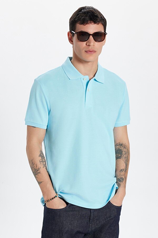 Tudors Erkek Slim Fit Dar Kesim %100 Pamuk Mavi Polo Yaka Tişört