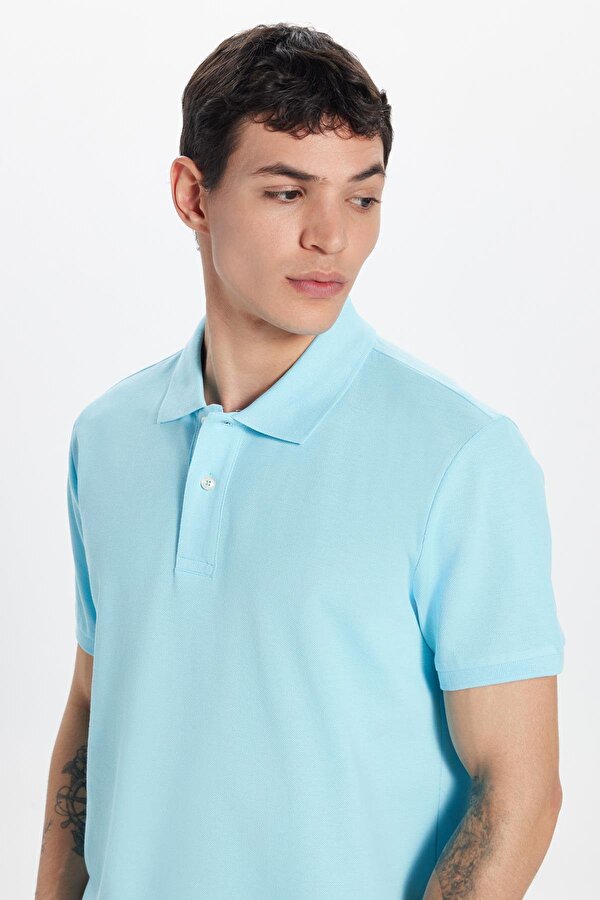 Tudors Erkek Slim Fit Dar Kesim %100 Pamuk Mavi Polo Yaka Tişört