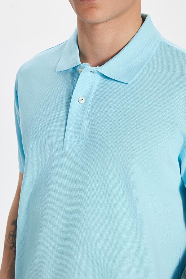 Tudors Erkek Slim Fit Dar Kesim %100 Pamuk Mavi Polo Yaka Tişört