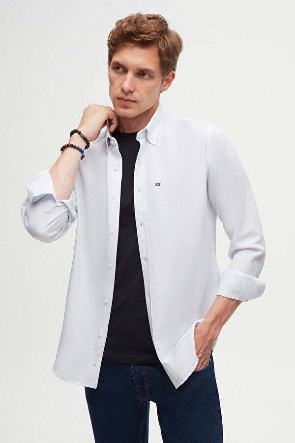 D'S damat Ds Damat Slim Fit Açık Mavi Oxford Düğmeli Yaka Kolay Ütülenebilir Nakış Detaylı Pamuklu Gömlek