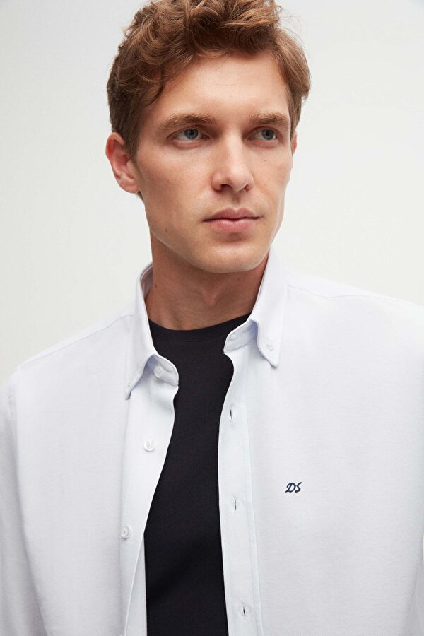 D'S damat Ds Damat Slim Fit Açık Mavi Oxford Düğmeli Yaka Kolay Ütülenebilir Nakış Detaylı Pamuklu Gömlek