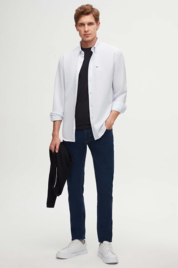 D'S damat Ds Damat Slim Fit Açık Mavi Oxford Düğmeli Yaka Kolay Ütülenebilir Nakış Detaylı Pamuklu Gömlek