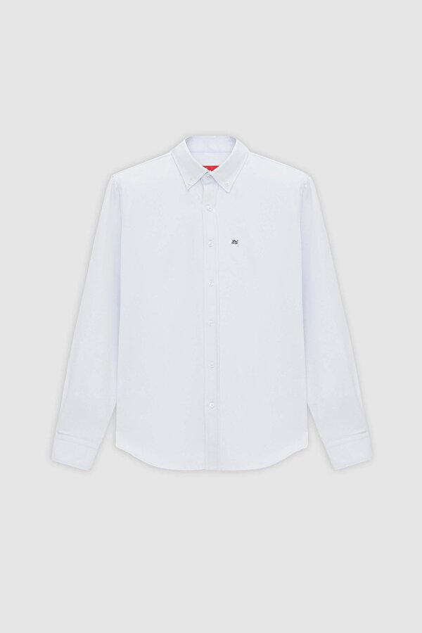 D'S damat Ds Damat Slim Fit Açık Mavi Oxford Düğmeli Yaka Kolay Ütülenebilir Nakış Detaylı Pamuklu Gömlek