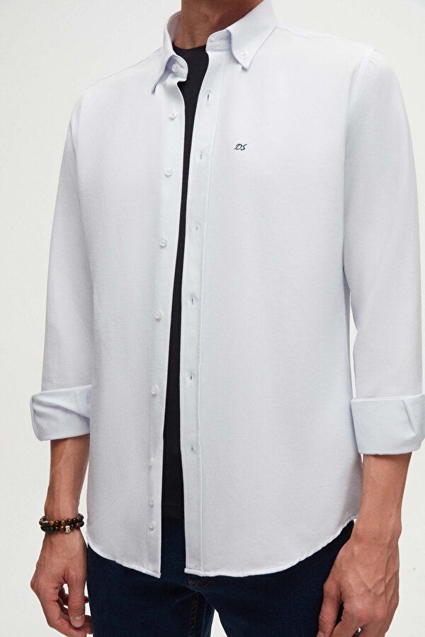 D'S damat Ds Damat Slim Fit Açık Mavi Oxford Düğmeli Yaka Kolay Ütülenebilir Nakış Detaylı Pamuklu Gömlek