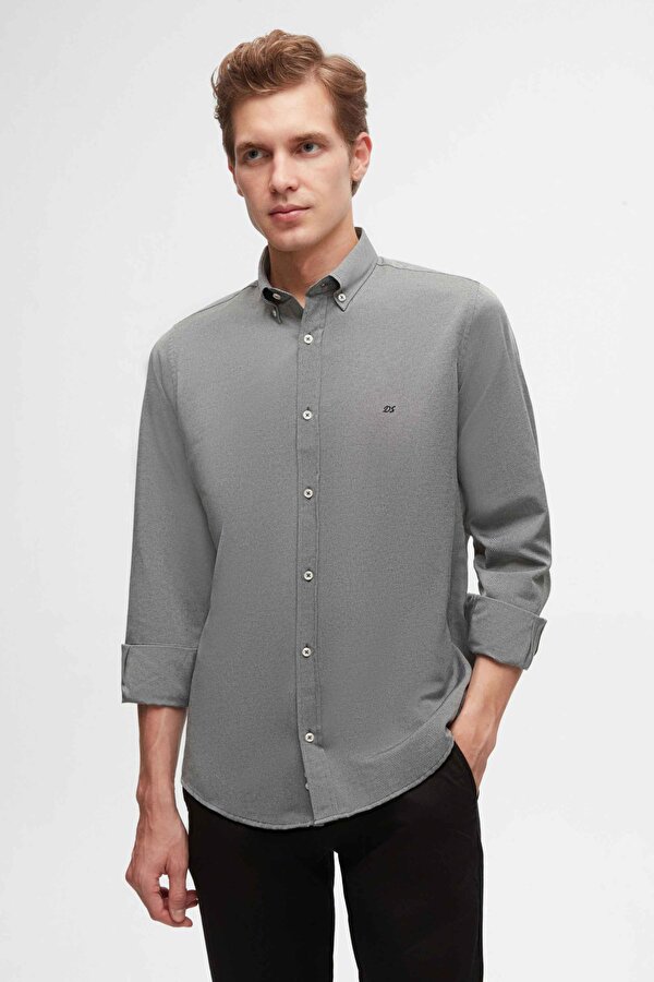 D'S damat Ds Damat Slim Fit Antrasit Oxford Düğmeli Yaka Kolay Ütülenebilir Nakış Detaylı Pamuklu Gömlek