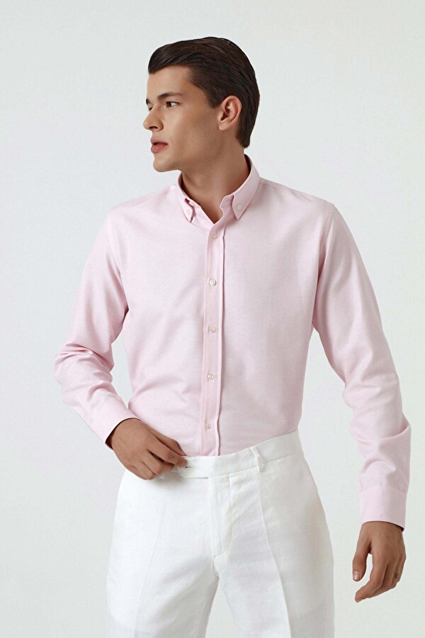 D'S damat Ds Damat Slim Fit Pembe Armürlü Düğmeli Yaka Pamuklu Gömlek
