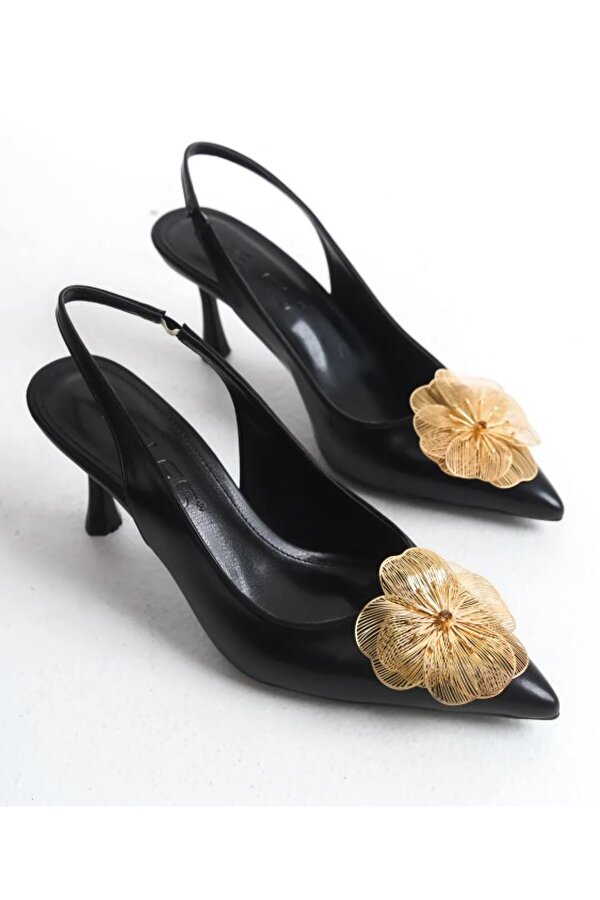 Feles Sarı Gül Detaylı Arkası Açık Stiletto Kadın Topuklu Ayakkabı