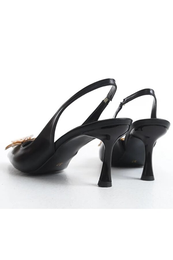 Feles Sarı Gül Detaylı Arkası Açık Stiletto Kadın Topuklu Ayakkabı