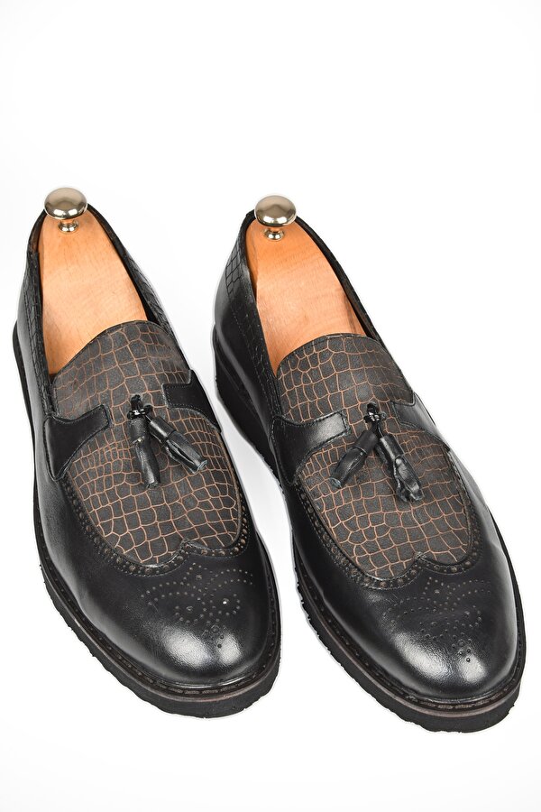 Deep Sea DeepSEA Erkek Siyah DeepSEA Lazer İşlemeli Püsküllü Yüksek Ortopedik Taban Orjinal Deri Ayakkabı 2509981