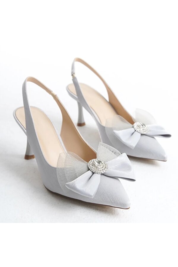 Feles Saten Fiyonk Taş Detaylı Arkası Açık Stiletto Kadın Topuklu Ayakkabı