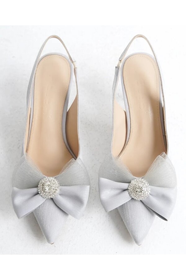 Feles Saten Fiyonk Taş Detaylı Arkası Açık Stiletto Kadın Topuklu Ayakkabı