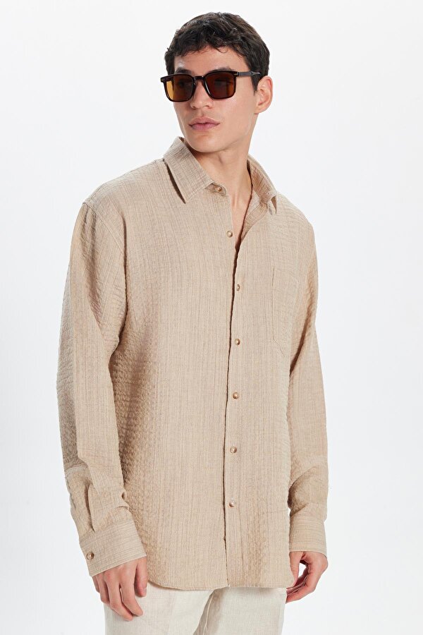 Tudors Erkek Relax Fit Rahat Kesim Pamuklu Keten Doku Tek Cepli Bej Gömlek