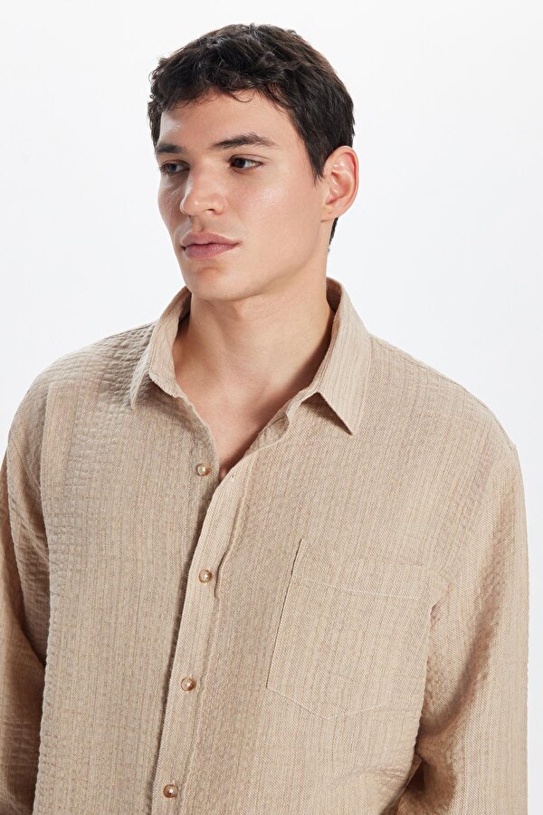 Tudors Erkek Relax Fit Rahat Kesim Pamuklu Keten Doku Tek Cepli Bej Gömlek