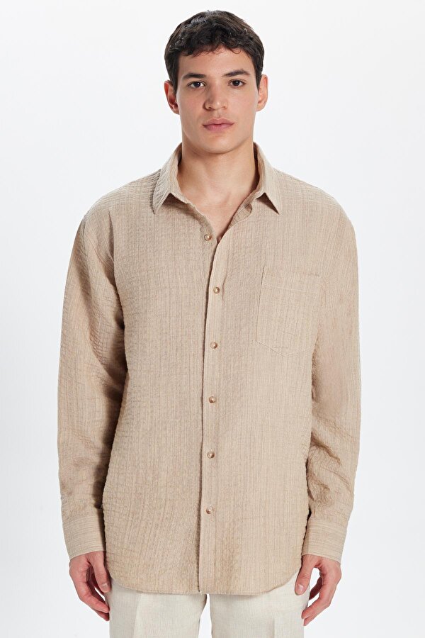Tudors Erkek Relax Fit Rahat Kesim Pamuklu Keten Doku Tek Cepli Bej Gömlek