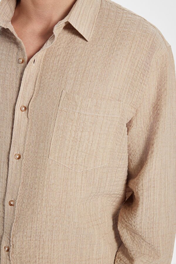 Tudors Erkek Relax Fit Rahat Kesim Pamuklu Keten Doku Tek Cepli Bej Gömlek
