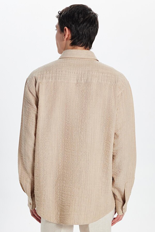 Tudors Erkek Relax Fit Rahat Kesim Pamuklu Keten Doku Tek Cepli Bej Gömlek