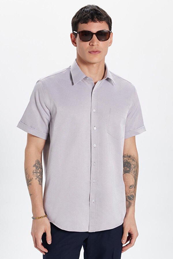 Tudors Erkek Regular Fit Klasik Kesim Kısa Kollu Pamuklu Tek Cepli Armürlü Kahverengi Gömlek