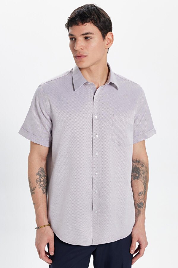 Tudors Erkek Regular Fit Klasik Kesim Kısa Kollu Pamuklu Tek Cepli Armürlü Kahverengi Gömlek