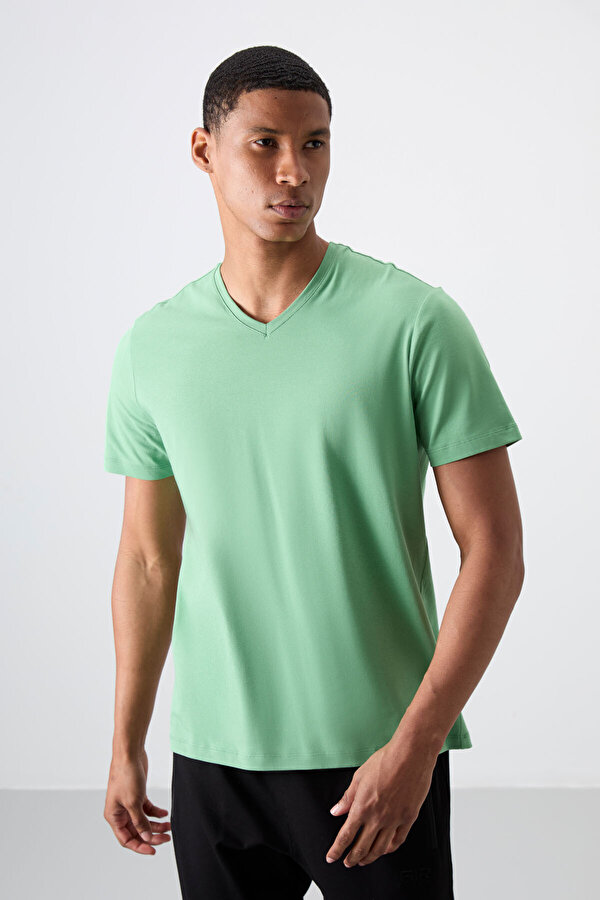 TOMMYLIFE Pastel Yeşil Basic Kısa Kol Standart Kalıp V Yaka Erkek T-Shirt - 87912