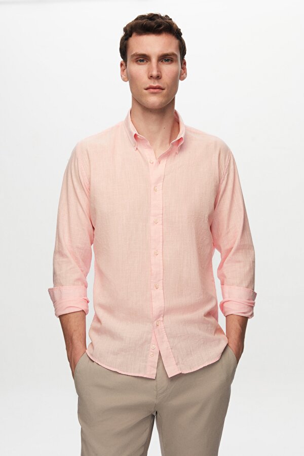 D'S damat Ds Damat Slim Fit Pembe Düğmeli Yaka %100 Pamuk Yazlık Flamlı Keten Görünümlü Gömlek