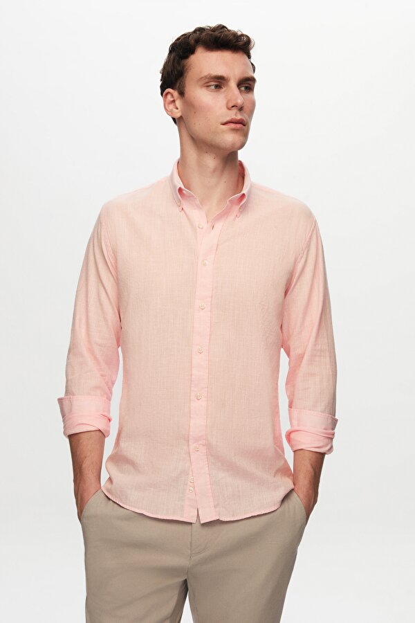 D'S damat Ds Damat Slim Fit Pembe Düğmeli Yaka %100 Pamuk Yazlık Flamlı Keten Görünümlü Gömlek