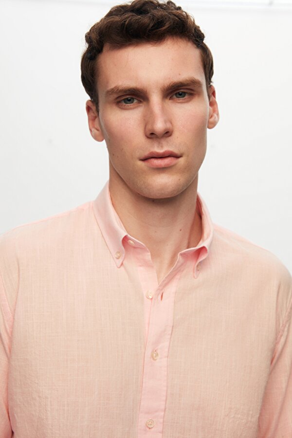 D'S damat Ds Damat Slim Fit Pembe Düğmeli Yaka %100 Pamuk Yazlık Flamlı Keten Görünümlü Gömlek