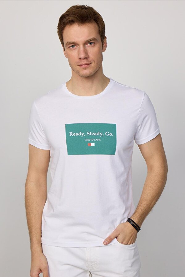Tudors Erkek Slim Fit Dar Kesim %100 Pamuk Yumuşak Dokulu Baskılı Beyaz Bisiklet Yaka Tişört