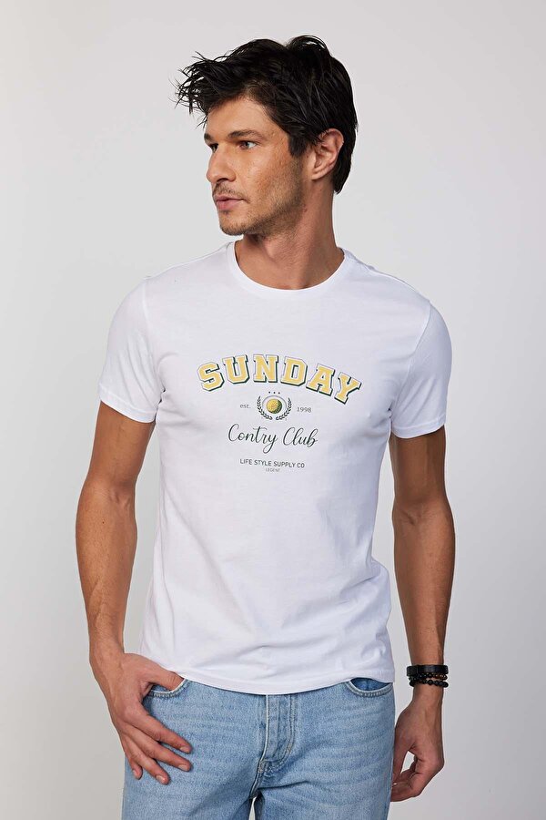 Tudors Erkek Slim Fit Dar Kesim %100 Pamuk Yumuşak Dokulu Baskılı Beyaz Bisiklet Yaka Tişört