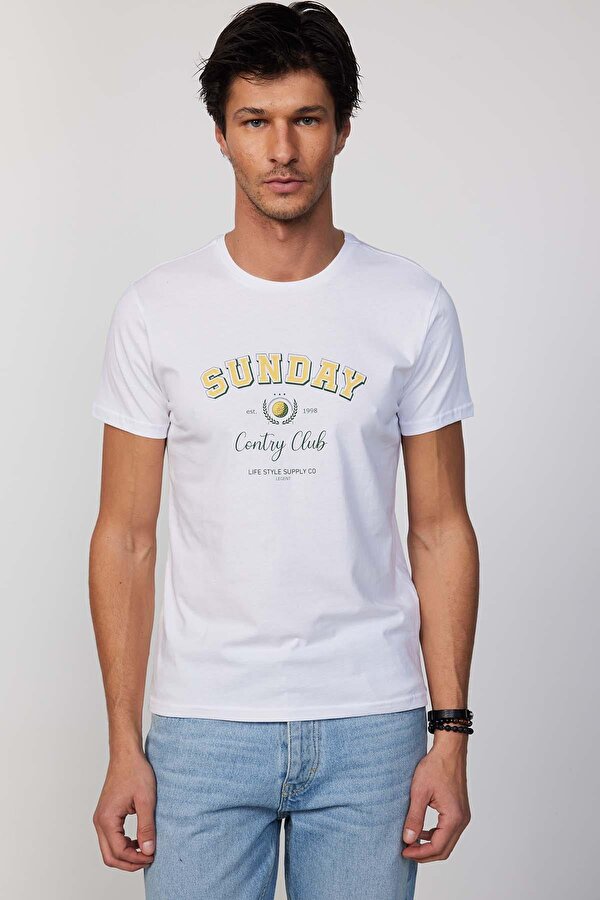 Tudors Erkek Slim Fit Dar Kesim %100 Pamuk Yumuşak Dokulu Baskılı Beyaz Bisiklet Yaka Tişört