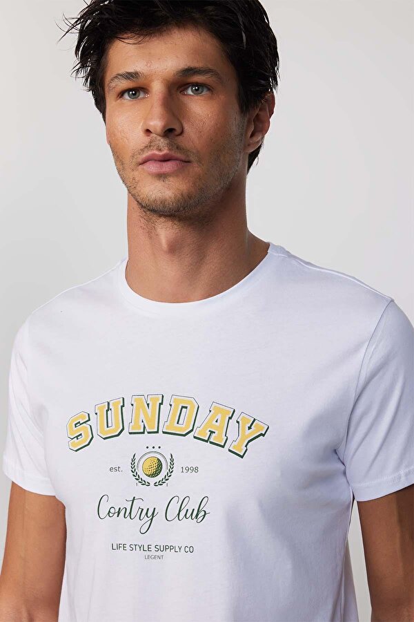 Tudors Erkek Slim Fit Dar Kesim %100 Pamuk Yumuşak Dokulu Baskılı Beyaz Bisiklet Yaka Tişört