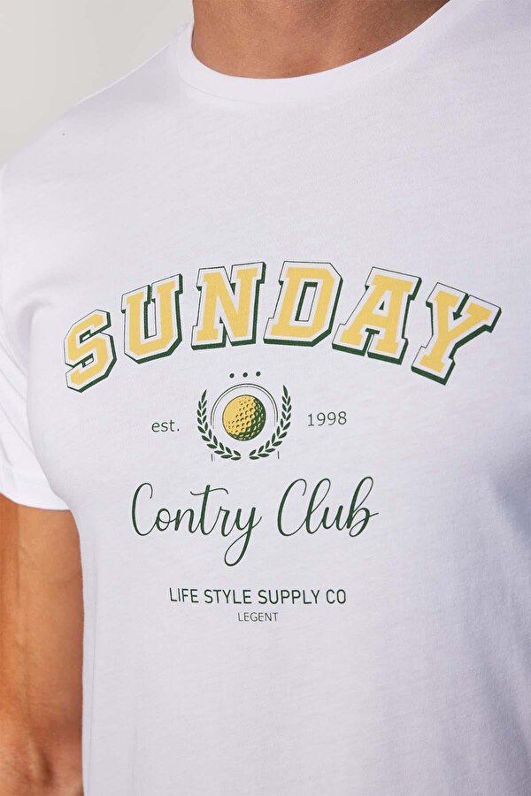 Tudors Erkek Slim Fit Dar Kesim %100 Pamuk Yumuşak Dokulu Baskılı Beyaz Bisiklet Yaka Tişört