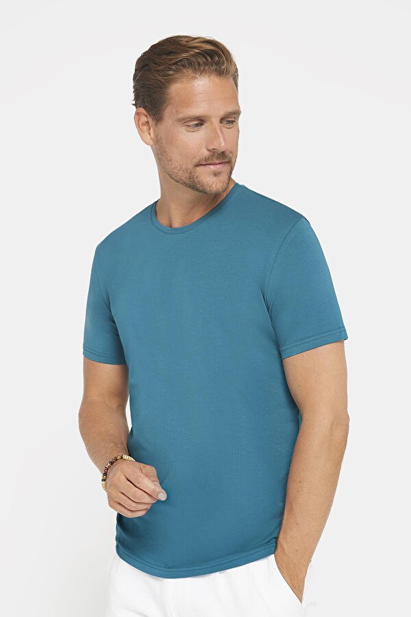 Tudors Erkek Slim Fit Dar Kesim Pamuklu Yumuşak Doku Likralı Esnek Kumaş Basic Petrol Bisiklet Yaka Tişört