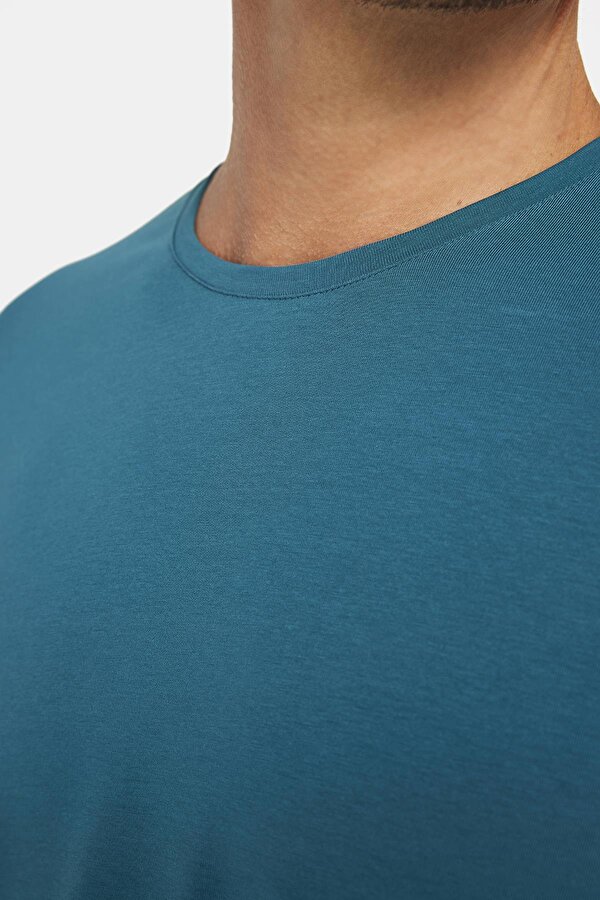 Tudors Erkek Slim Fit Dar Kesim Pamuklu Yumuşak Doku Likralı Esnek Kumaş Basic Petrol Bisiklet Yaka Tişört