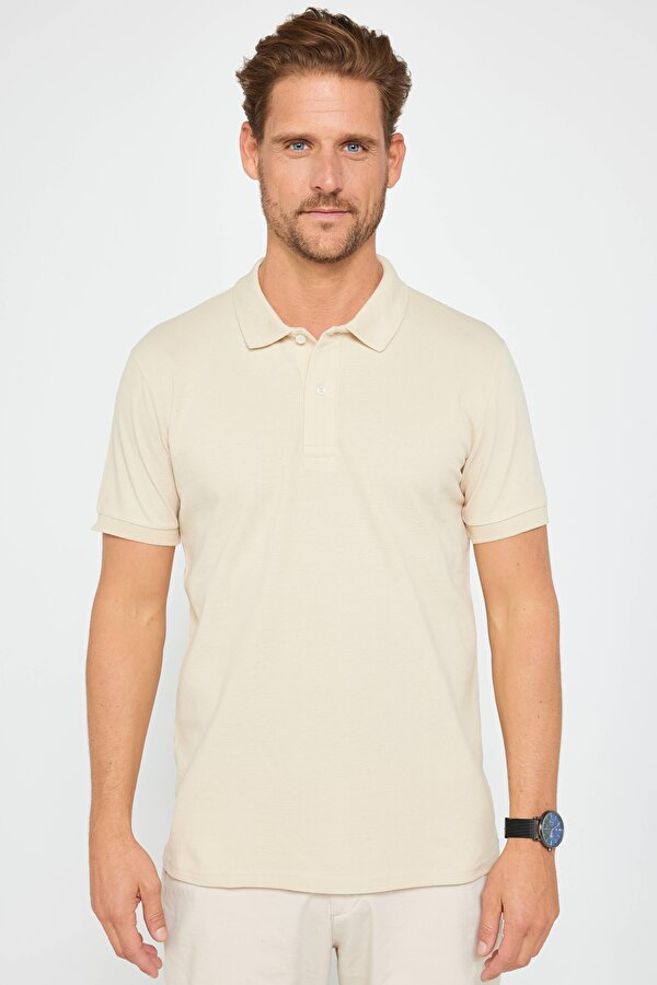 Tudors Erkek Slim Fit Dar Kesim %100 Pamuk Düz Pike Taş Renk Polo Yaka Tişört