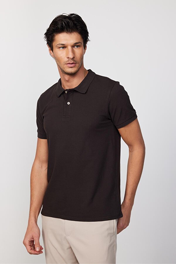 Tudors Erkek Slim Fit Dar Kesim %100 Pamuk Düz Pike Kahverengi Polo Yaka Tişört