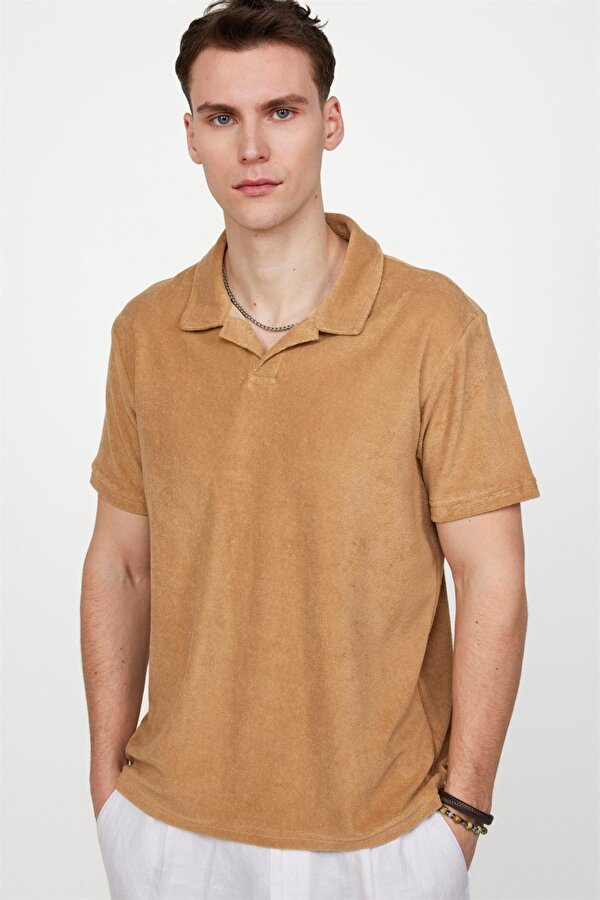 Tudors Erkek Slim Fit Dar Kesim Pamuklu Terrycloth Havlu Kumaş Bej Polo Yaka Tişört