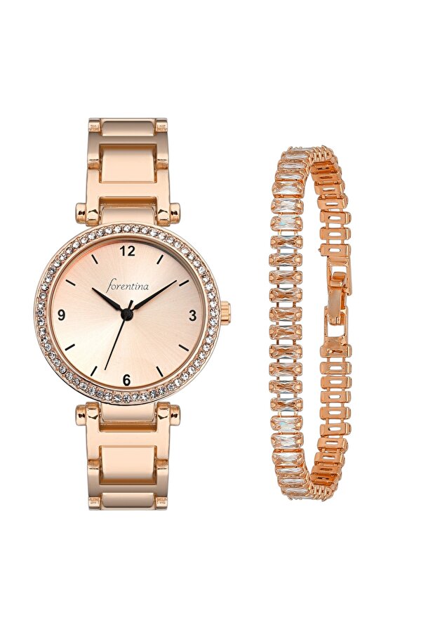 Forentina Bayan Rose Metal Kol Saati-Rose Baget Bileklik Kombin Set PS4047