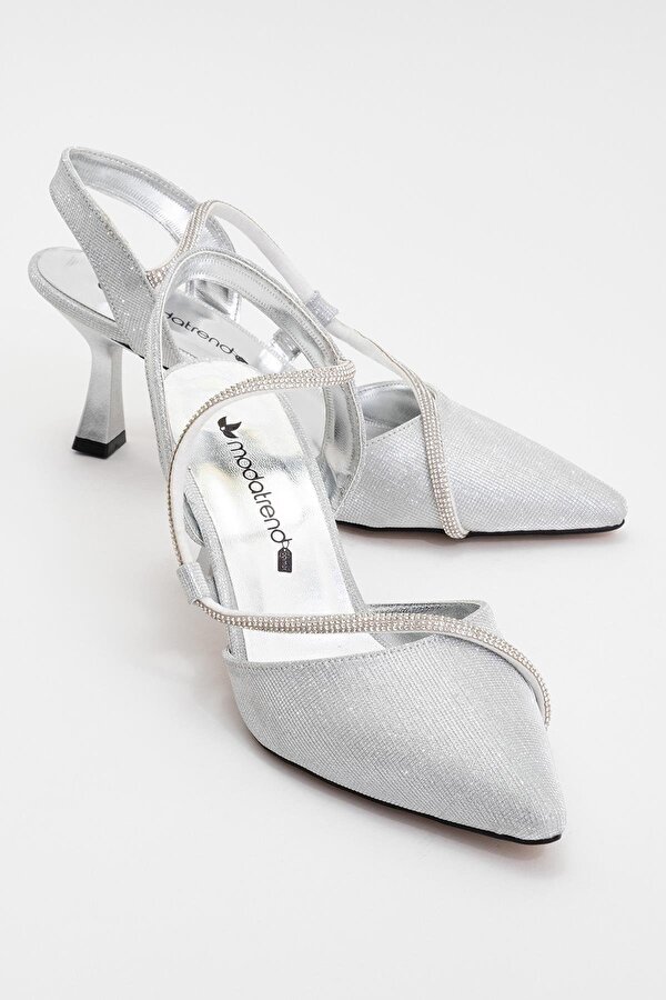 Ccway Kadın Taşlı Biyeli Topuklu Ayakkabı GÜMÜŞ SİM