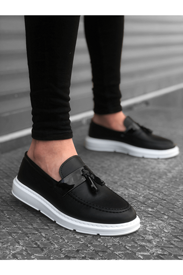 Pabucmarketi Bağcıksız Püsküllü Erkek Ayakkabı SİYAH (BEYAZ TABAN)